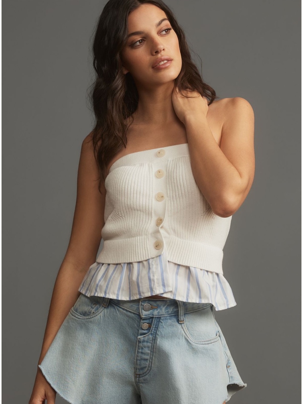 Anthropologie White Button-Front Strapless Knit Top with Ruffle Hem XS twofer